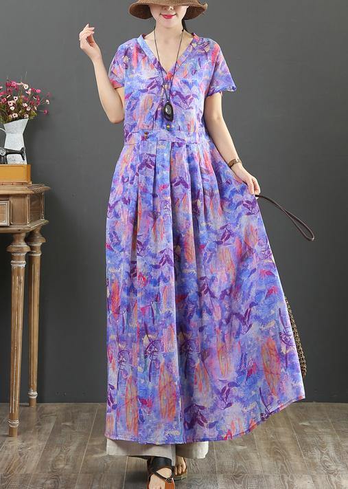 Women purple print cotton clothes v neck Cinched Plus Size Clothing Dress - SooLinen