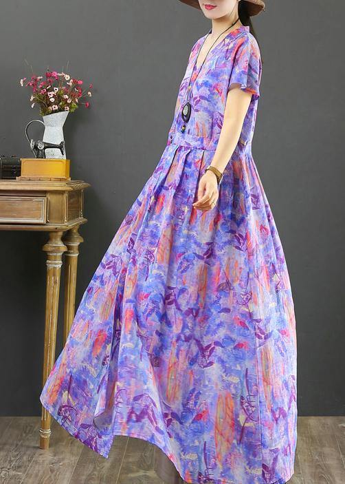 Women purple print cotton clothes v neck Cinched Plus Size Clothing Dress - SooLinen