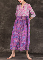 Women purple print linen dresses fine v neck patchwork loose spring Dresses