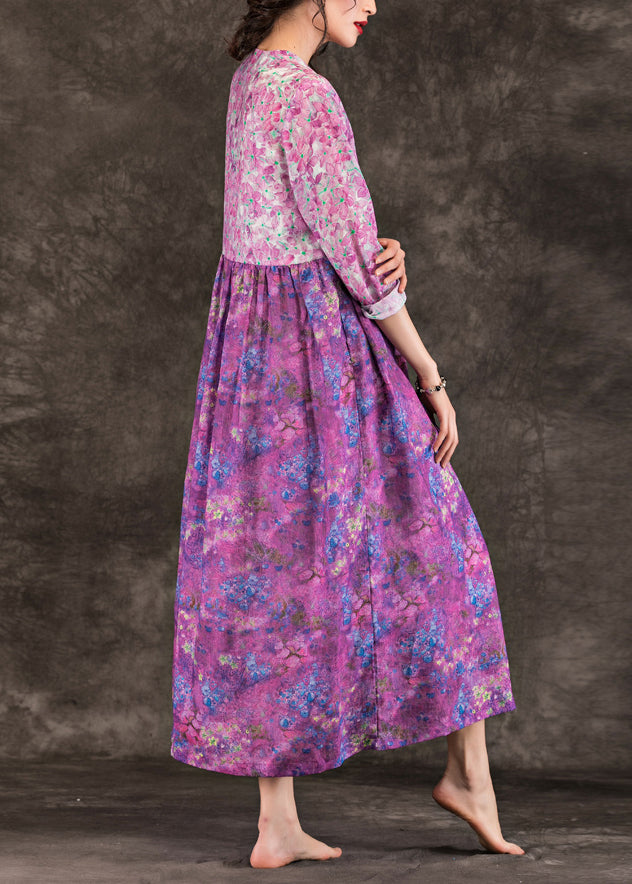 Women purple print linen dresses fine v neck patchwork loose spring Dresses