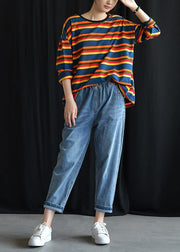 Women rainbow cotton tunic pattern o neck baggy short fall shirt - SooLinen