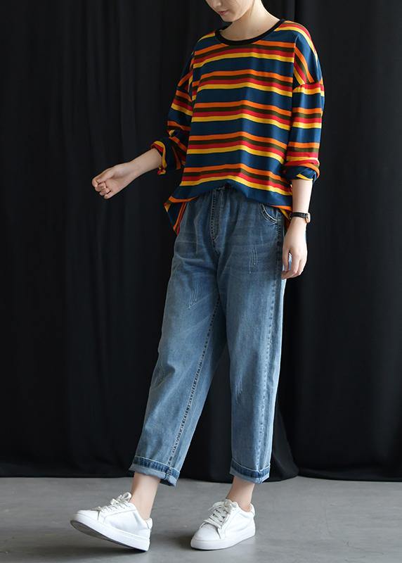 Women rainbow cotton tunic pattern o neck baggy short fall shirt - SooLinen