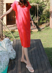 Women red Cotton 0o neck side open Midi summer Dress - SooLinen