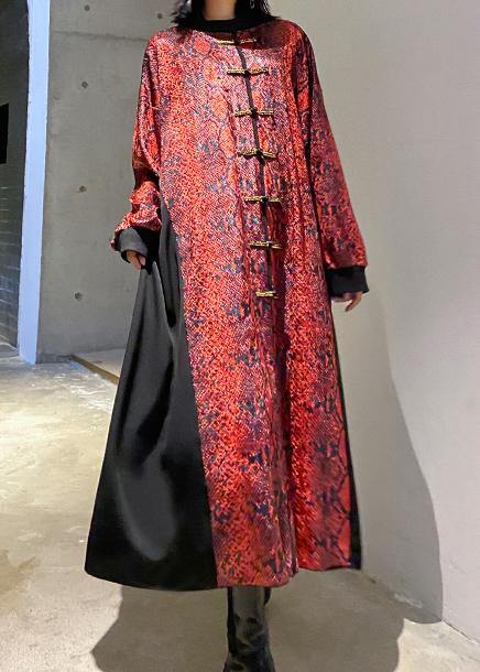 Women red Long dress o neck Chinese Button Maxi Dresses - SooLinen