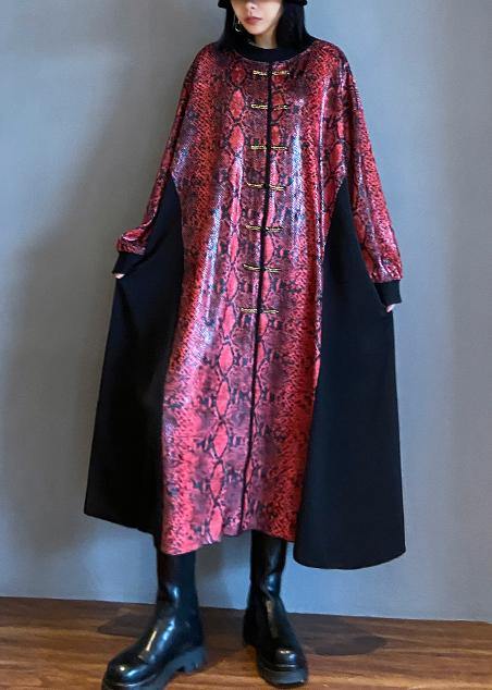 Women red Long dress o neck Chinese Button Maxi Dresses - SooLinen