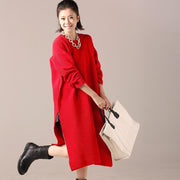 Women red Sweater dresses Tejidos Largo side open knit top