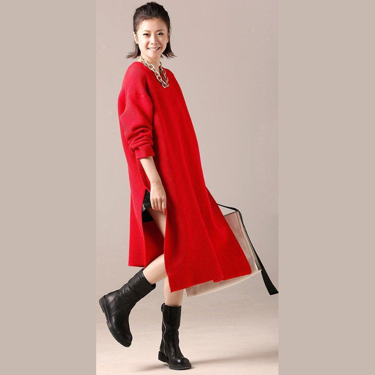 Women red Sweater dresses Tejidos Largo side open knit top