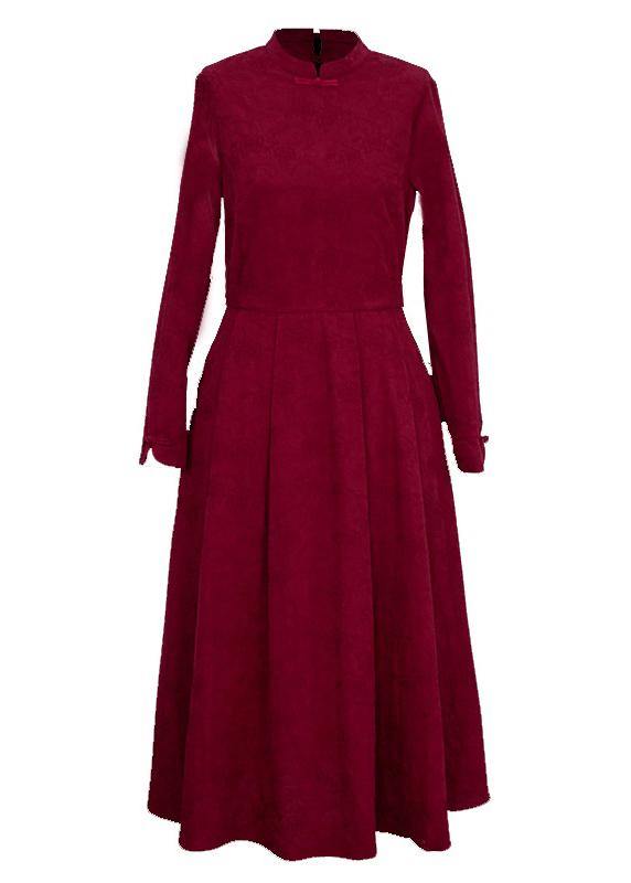 Women red clothes stand collar exra large hem Plus Size Clothing spring Dresses - SooLinen