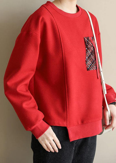 Women red cotton Blouse asymmetric hem Art patchwork pockets blouses - SooLinen