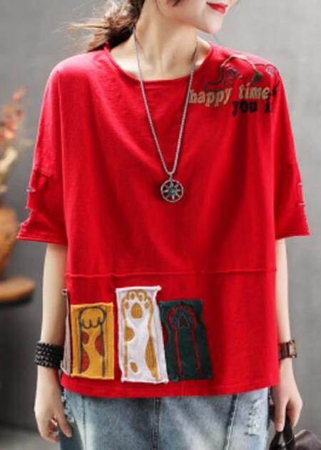 Women red cotton clothes For Women Korea Summer Loose Retro Ripped Hole Embroidery T-Shirt - SooLinen