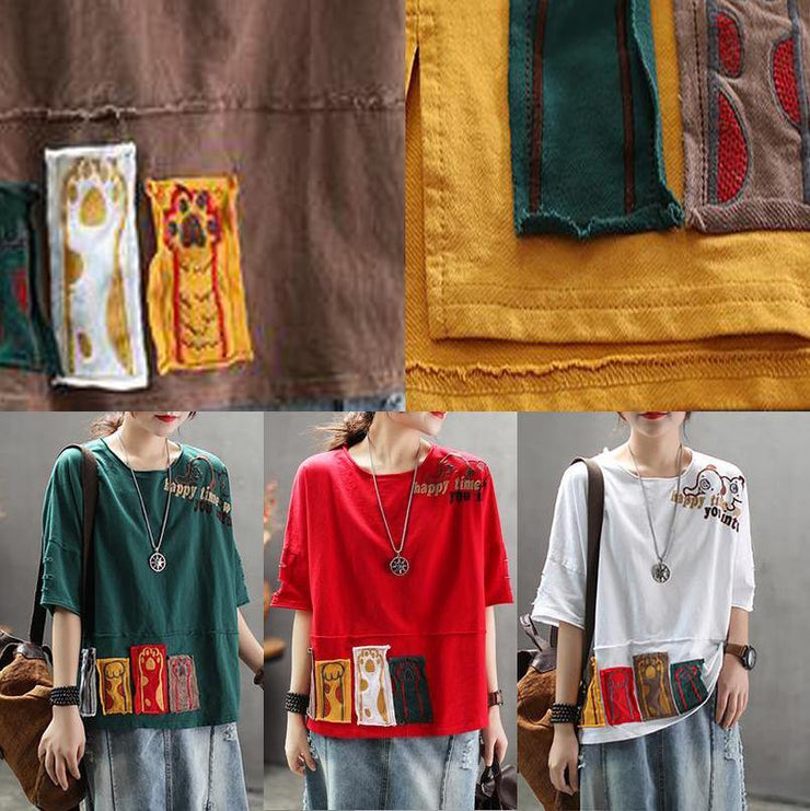 Women red cotton clothes For Women Korea Summer Loose Retro Ripped Hole Embroidery T-Shirt - SooLinen