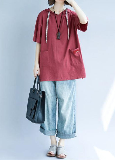 Women red cotton tunic top hooded pockets Dresses summer top - SooLinen