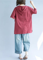 Women red cotton tunic top hooded pockets Dresses summer top - SooLinen