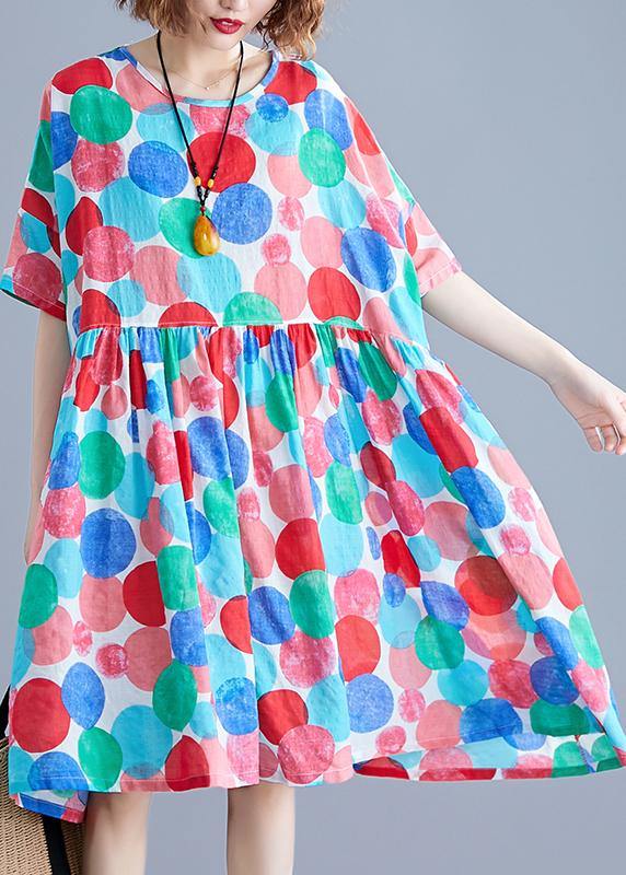 Women red dotted Cotton quilting clothes o neck Cinched Knee summer Dress - SooLinen