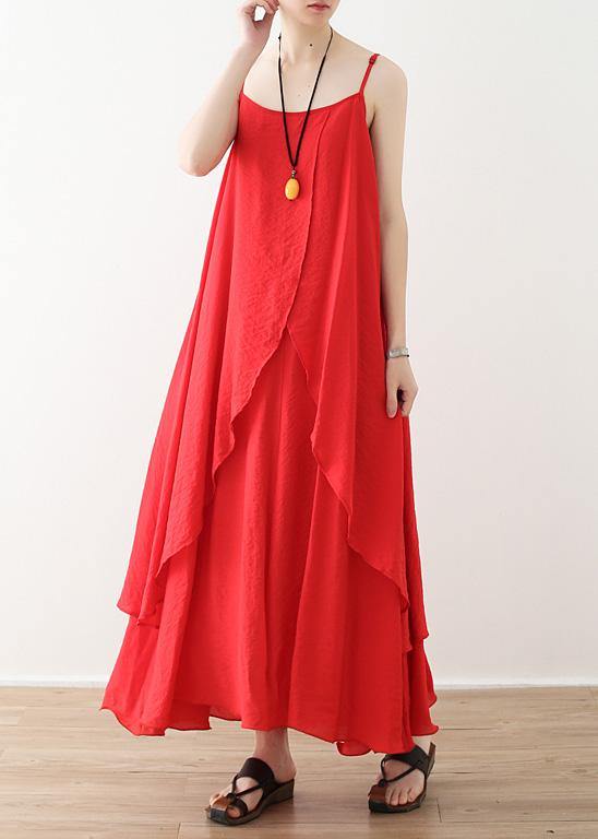 Women red dresses Fashion Spaghetti Strap asymmetric loose Summer Dresses - SooLinen