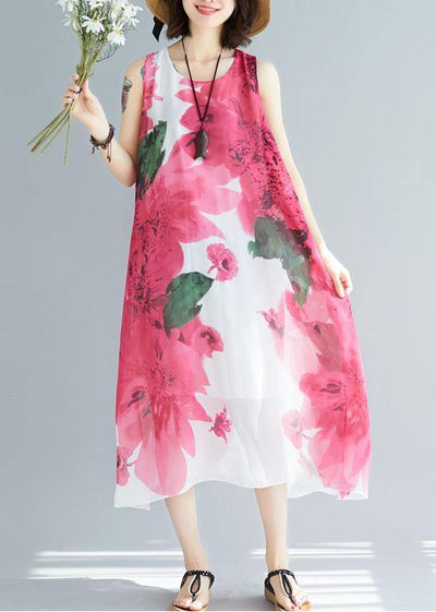 Women red floral cotton Tunic sleeveless Maxi summer Dresses - SooLinen