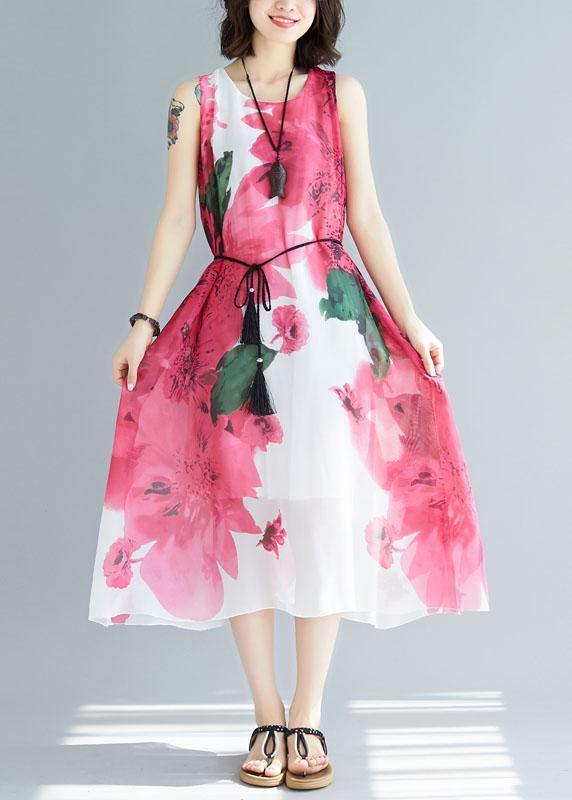 Women red floral cotton Tunic sleeveless Maxi summer Dresses - SooLinen
