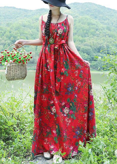 Women red floral cotton linen Tunics Organic Tutorials sleeveless daily summer Dress - SooLinen