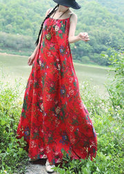 Women red floral cotton linen Tunics Organic Tutorials sleeveless daily summer Dress - SooLinen