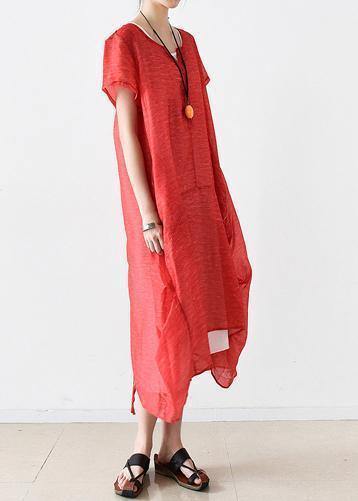 Women red linen Robes o neck patchwork Maxi summer Dresses - SooLinen