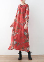 Women red linen outfit Fine Runway side open Maxi prints Dress - SooLinen