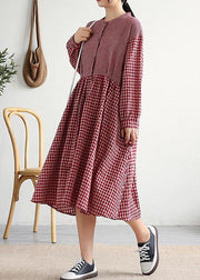 Women red plaid cotton linen clothes o neck patchwork cotton Dresses - SooLinen