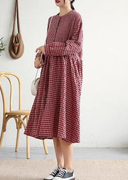 Women red plaid cotton linen clothes o neck patchwork cotton Dresses - SooLinen