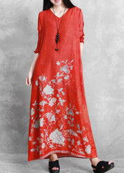 Women red print Robes v neck tie waist Maxi Dresses - SooLinen