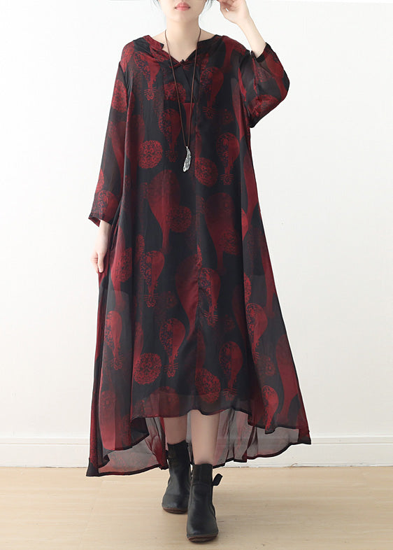 Women red print chiffon dresses Plus Size Online Shopping v neck Dresses Summer Dress