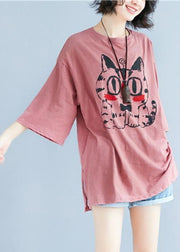 Women red print cotton blouses for women o neck baggy shirt - SooLinen