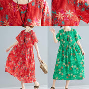 Women red print cotton clothes o neck patchwork Cinched Traveling summer Dress - SooLinen