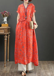 Women red print cotton quilting clothes v neck tie waist Kaftan Dress - SooLinen