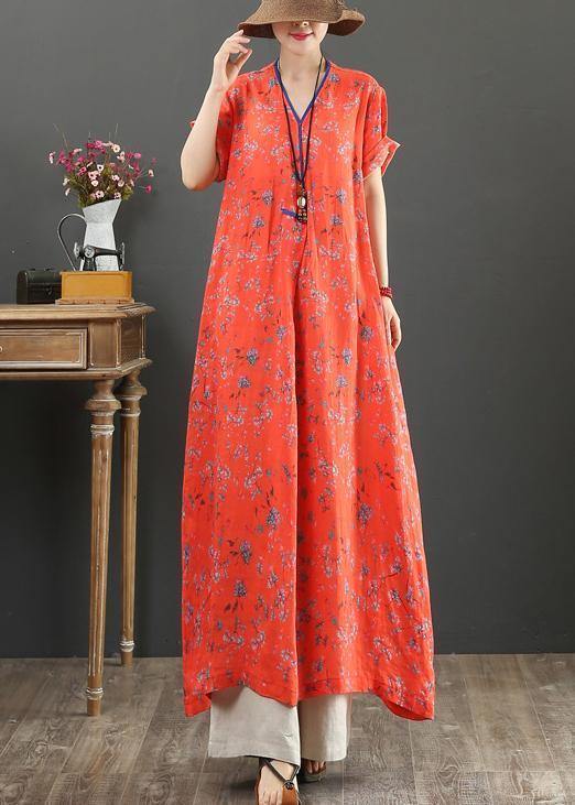 Women red print cotton quilting clothes v neck tie waist Kaftan Dress - SooLinen