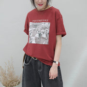 Women red print cotton top silhouette o neck baggy summer shirt - SooLinen