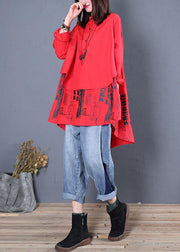 Women red print cotton tunics stand collar patchwork cotton fall blouse - SooLinen