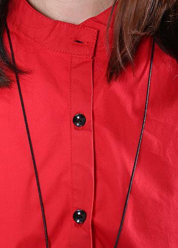 Women red print cotton tunics stand collar patchwork cotton fall blouse - SooLinen