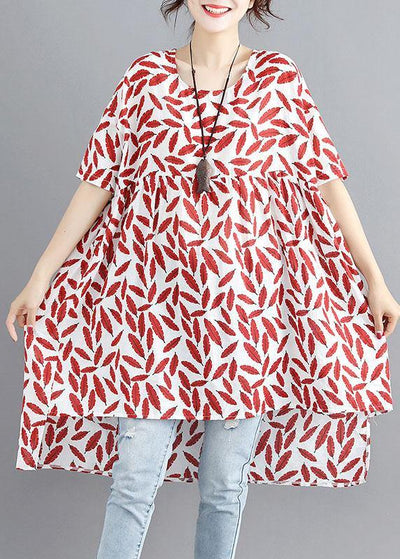 Women red print linen cotton o neck asymmetric summer Dress - SooLinen