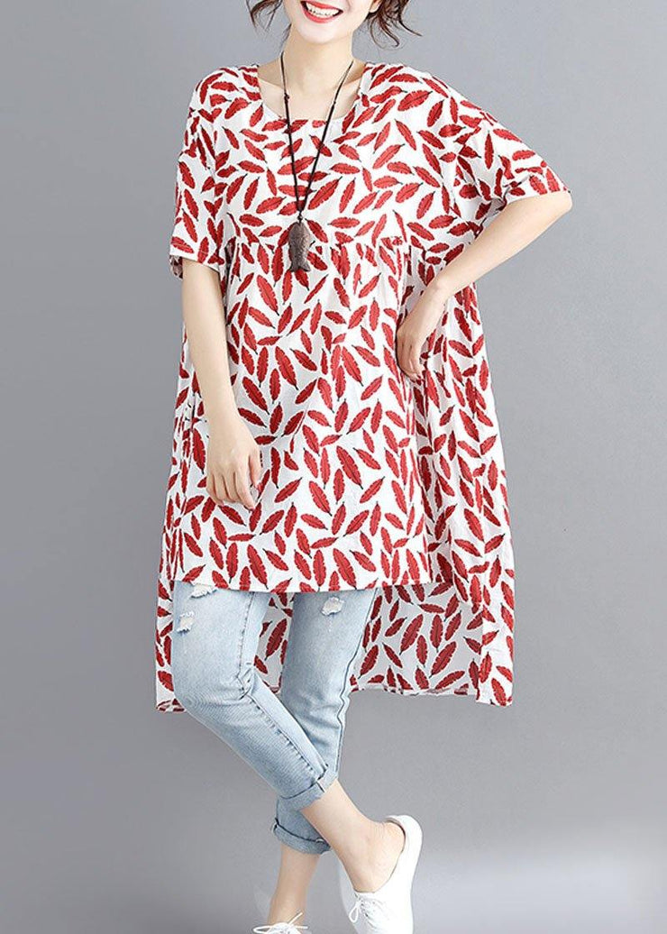 Women red print linen cotton o neck asymmetric summer Dress - SooLinen