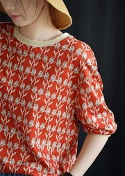 Women red prints blended linen tops women o neck Plus Size Clothing fall tops - SooLinen