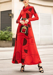 Women red prints cotton clothes For Women high neck Art big hem Dress - SooLinen
