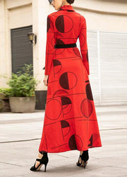Women red prints cotton clothes For Women high neck Art big hem Dress - SooLinen