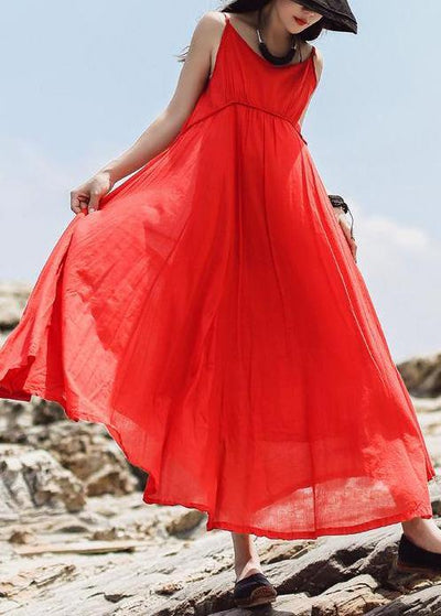 Women red sleeveless clothes For Women Casual Summer Solid Color Double Layer Hem Dress - SooLinen
