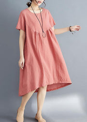 Women red striped Cotton clothes stylish o neck asymmetric tunic Summer Dress - SooLinen