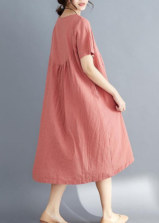 Women red striped Cotton clothes stylish o neck asymmetric tunic Summer Dress - SooLinen