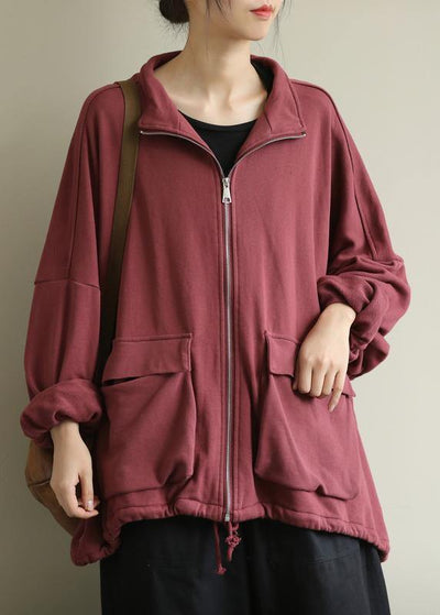 Women red fine coat for woman design stand collar zippered  outwears - SooLinen