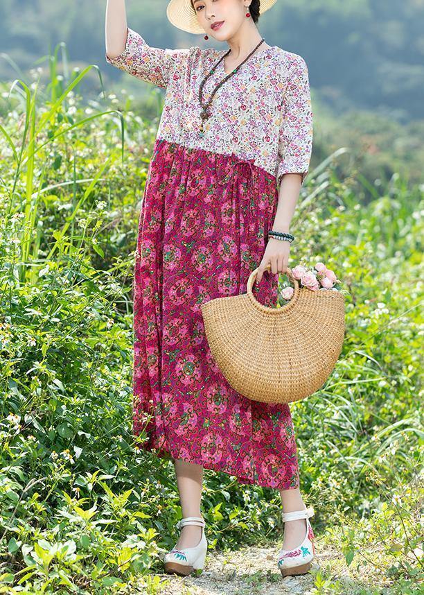 Women rose floral Cotton quilting dresses v neck Art summer Dresses - SooLinen