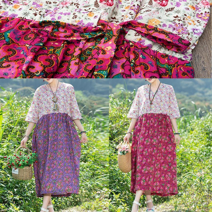 Women rose floral Cotton quilting dresses v neck Art summer Dresses - SooLinen