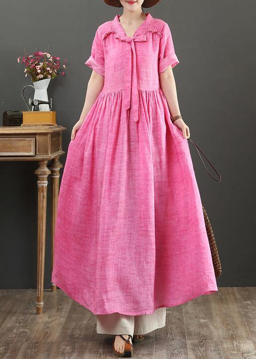 Women rose linen cotton clothes For Women v neck Bow Art summer Dress - SooLinen
