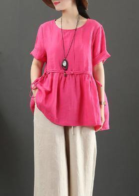 Women rose linen linen tops o neck Plus Size Clothing summer shirts - SooLinen
