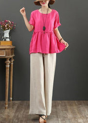 Women rose linen linen tops o neck Plus Size Clothing summer shirts - SooLinen